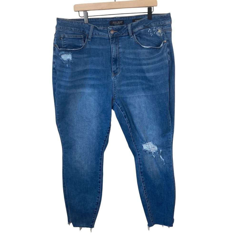 Judy Blue Jeans Women Plus 22W Stretch Skinny Fit Raw Hem Distressed Blue